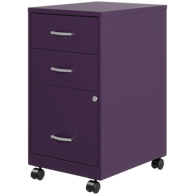 Space Solutions 18"D 3 Drawer Mobile Metal Organizer Cabinet in midnight purple. This compact file cabinet features three drawers, including one file drawer with high sides for letter-sized hanging files and two accessory drawers for office supplies. It has a painted steel surface, built-in lock for the bottom two drawers, and smooth ball bearing slides. Equipped with casters for easy mobility, it fits under most desks and ships fully assembled.