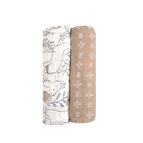 crane Baby Soft Muslin Swaddle Blankets, Soft Swaddle Wraps for Boys and girls, Beige and Woodland Animal, 2 count, 47 x 47 (Bc-110SWS)
