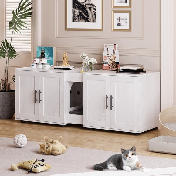 Cat Litter Box Furniture Double Enclosure, 55" Wooden Hidden Litter Box Cabinet with Barn Doors and Dual Rooms for 2 Cats