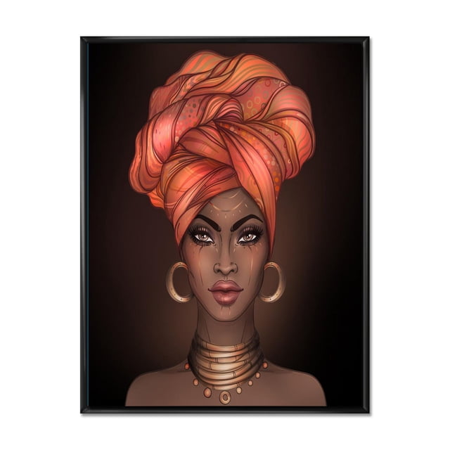 Designart Femme Afro-Américaine avec Turban, Cadre Flottant en V, ART Mural Représentant un portrait Orienté vers l'Avant d'Une Femme Portant un Grand Turban à Motif orange, des Boucles d'Oreilles Créoles Dorées et des Colliers Superposés Dorés avec des Perles, Imprimé sur Toile de Qualité Supérieure et Enveloppé dans un sous-Cadre en Bois de 1 Po avec un Cadre Flottant Noir, Prêt à Accrocher.