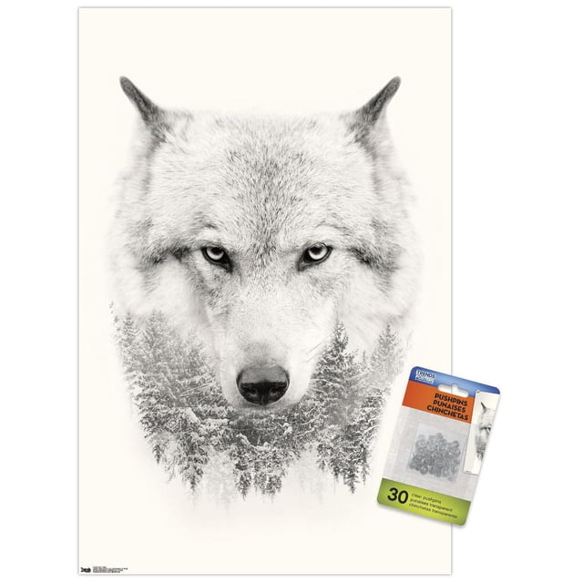 Wolf - Trees Wall Poster, 22.375" x 34", depicting a grayscale wolf head blended with a snowy evergreen forest at the bottom, printed on glossy poster paper with included clear pushpins for easy, damage-free hanging, suitable for bedroom or office décor.