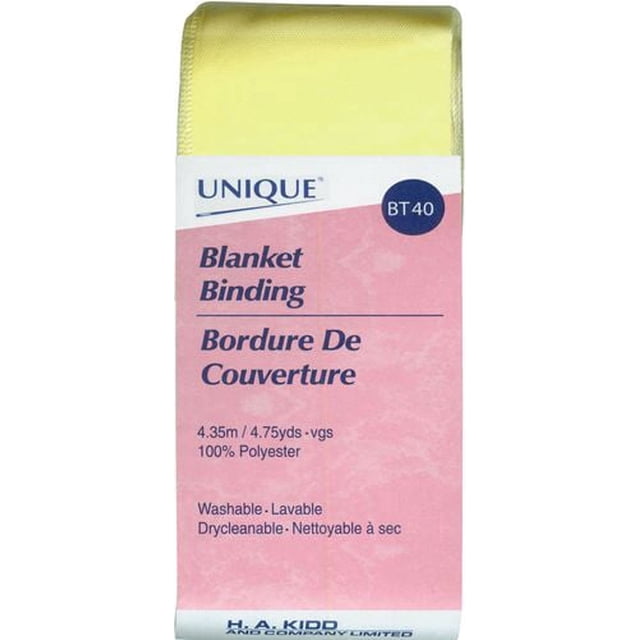 UNIQUE Blanket Binding in pale yellow satin polyester, 52mm wide and 4.35m long, folded with label showing washable and dry cleanable features, ideal for sewing trims and finishing fabric projects.