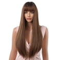 thumbnail image 4 of Perruque Longue Noire en Cheveux Humains avec Frange et Bonnet de Perruque, Perruques Lisses Naturelles Sans Colle 26 Pouces, 4 of 5