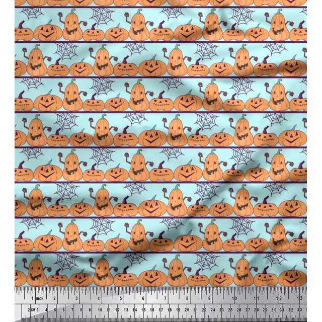 Soimoi Velvet Fabric Spider Web & Pumpkin Halloween Decor Fabric Printed Yard 58 Inch Wide