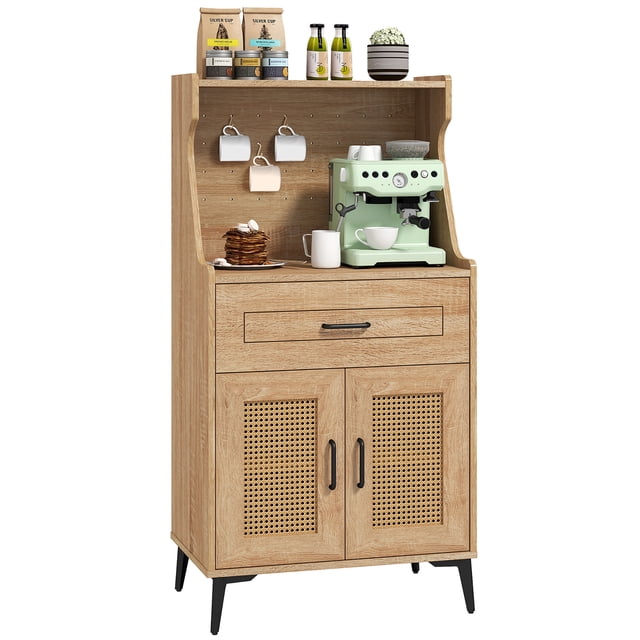 Gymax Coffee Bar Cabinet with pegboard storage, drawer, and adjustable shelves. Rustic oak finish with rattan-woven doors, black metal legs, and ample storage for kitchen appliances, mugs, and decor. Ideal as bar furniture or buffet sideboard. Includes anti-tipping kits for stability.