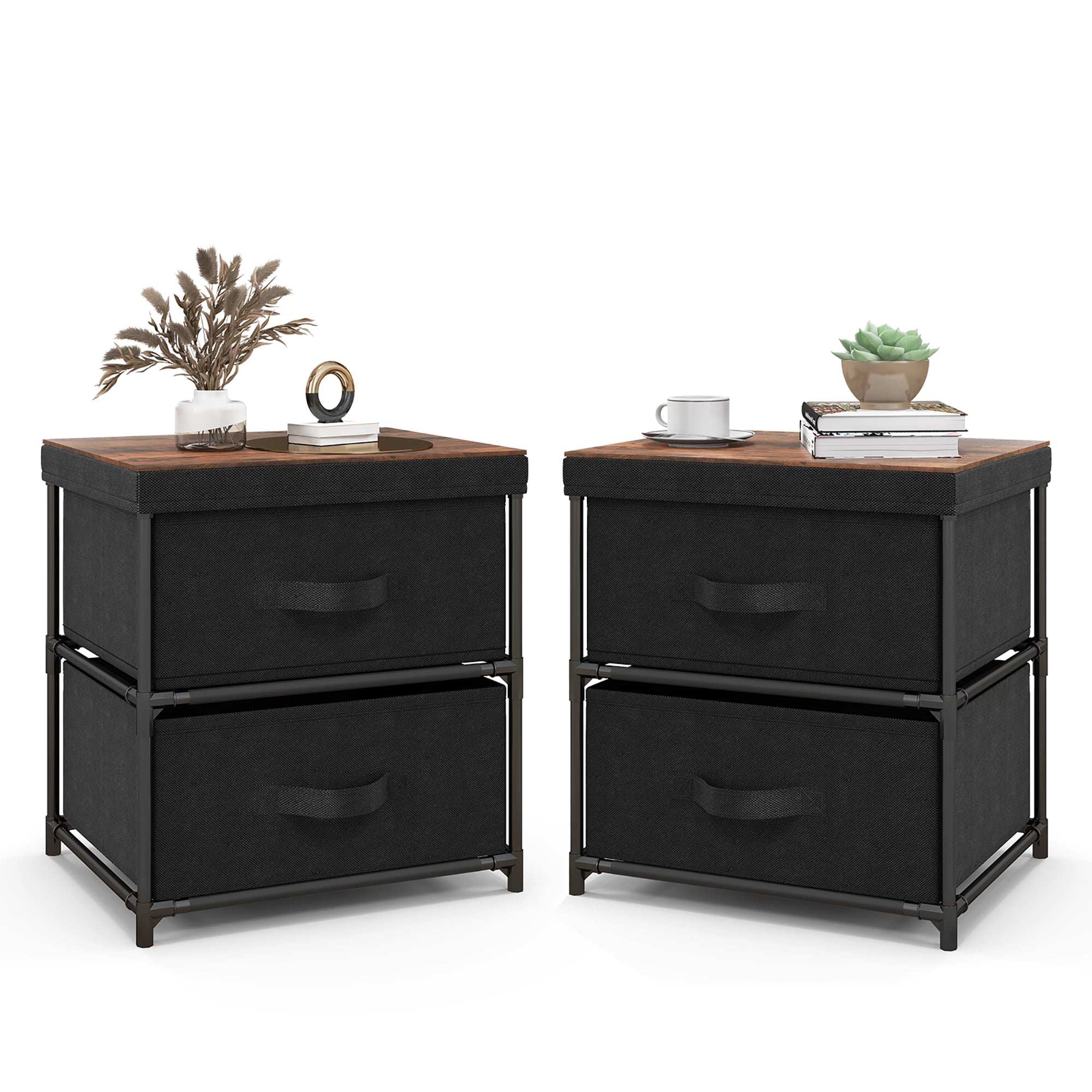 Gymax 2PCS Fabric Bedside Table 2 Drawers Nightstand Small Dresser Bedroom Living Room
