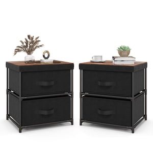 Gymax 2PCS Fabric Bedside Table 2 Drawers Nightstand Small Dresser Bedroom Living Room