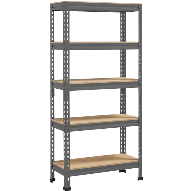 Yaheetech 5 Tiers Storage Shelf Metal Frame Organizer Rack in dark gray, featuring a boltless design for easy assembly. This shelving unit has a sturdy metal frame and 8mm thick E1 MDF boards, with each tier supporting up to 330 lbs. The adjustable shelves allow for versatile storage of items of various sizes. Anti-skid rubber pads provide stability and protect floors from scratches. Dimensions are 27.6 inches long, 11.8 inches wide, and 59 inches high, making it suitable for garages, kitchens, or balconies.