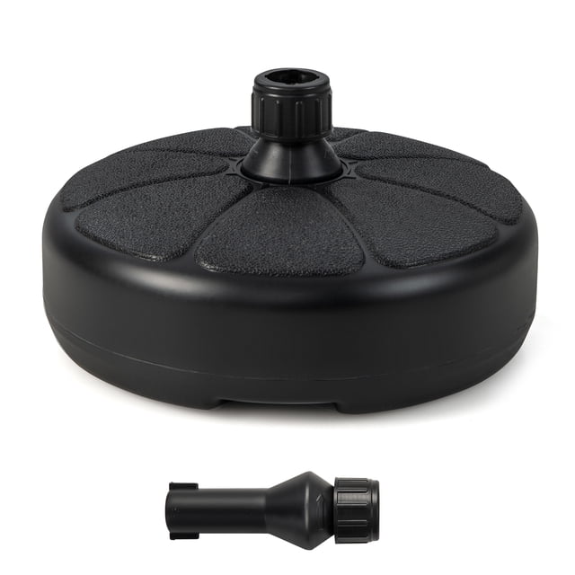 Patiojoy Base Ronde Remplissable pour Parasol, Support de Parasol Rempli d'Eau et de Sable, Convient aux Poteaux de Parasol de 1,5 Po. La Base Noire en HDPE Présente un design Rond Texturé avec un Support central pour Poteau et un Poteau de Soutien Détachable. Elle Peut Être Remplie de 2,5 gallons d'Eau Ou de 33 Livres de Sable pour une Stabilité Accrue, la Rendant Idéale pour une Utilisation Extérieure dans les Jardins, patios Ou Zones au Bord de la Piscine. la Base Est Légère à 2,5 Livres Lorsqu'elle Est Vide et Comprend une Poignée Intégrée pour la