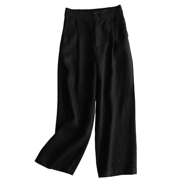 Timegard Women's Cotton Linen Elastic Waisted Ruched Wide Leg 7/8 Lounge Pants with Pockets in a solid black color. These pants feature a high-waisted elastic waistband, ruched detailing, and a wide-leg design that ends at a 7/8 length. Made from a blend of 95% polyester and 5% spandex, they are lightweight, breathable, and soft, ideal for spring and summer wear. The pants include functional side pockets and are styled for casual outings or lounging. The image shows the pants laid flat against a white background.