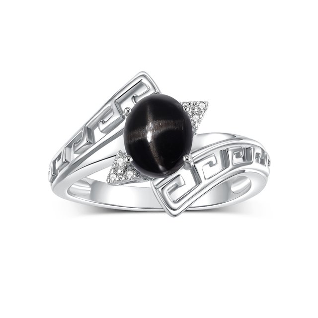 RYLOS Rings for Women Sterling Silver Greek Key Designer Ring 9X7MM Gemstone & Diamond Ring March Black Star Sapphire Jewelry Size 5