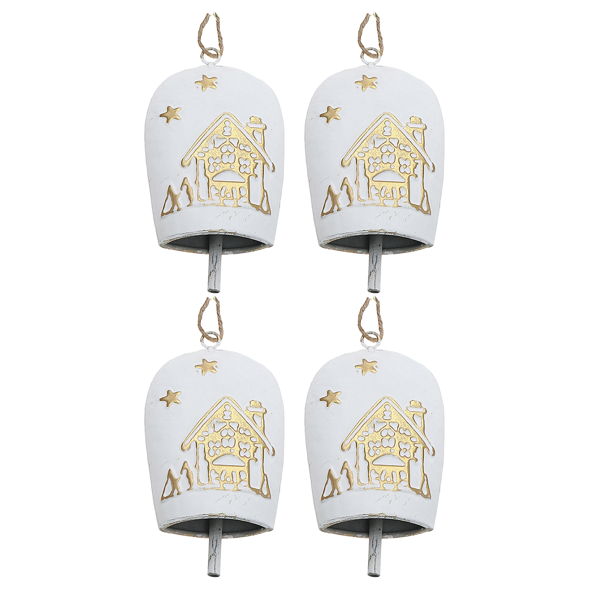 White & Gold Metal Embossed Cow Bell Ornament - Set of 4