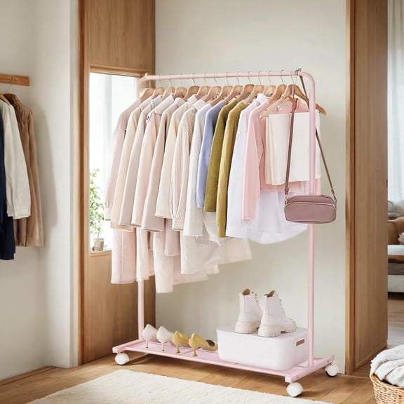 LEDREM Porte-Vêtements, Organisateur de Garde-Robe avec Rangement pour Chaussures, Capacité de 110 Lb pour Chambre, Rose