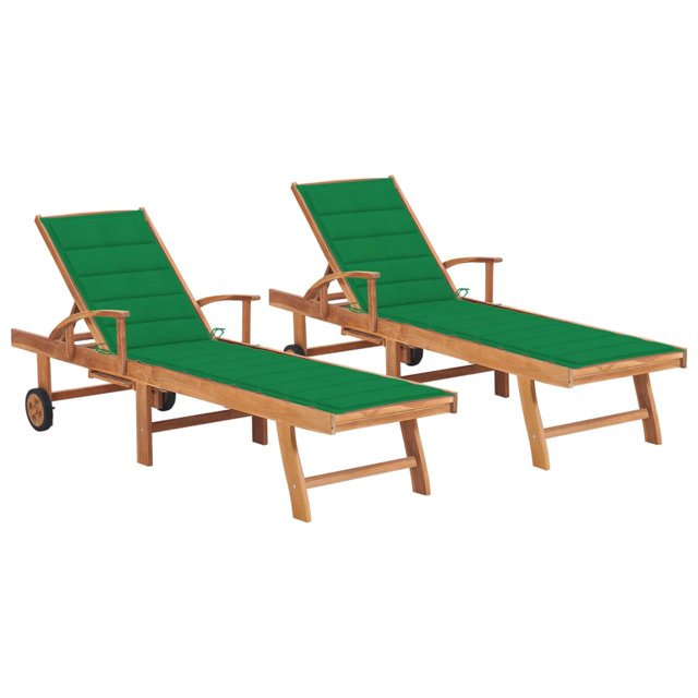 vidaXL Chaises Longues 2 Pcs avec Coussin Vert en Bois de Teck Massif