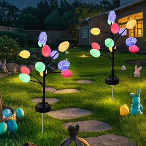 TopLLC Outdoor Solar Easter Decoration 2 Sets LED Easter Eggs Street Lights With Stainless Steel Stakes 2 Modes Waterproof Easter Eggs Lights For Yard Decoration Plastic Solar Lights