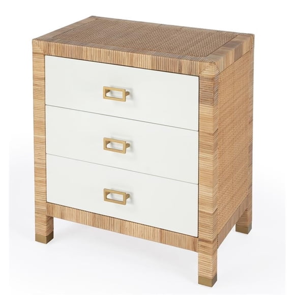 Corfu Commode à 3 Tiroirs en Raphia Naturel et Blanc et en Bois
