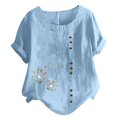 thumbnail image 1 of CHOK Mchoice Chemises pour Femmes 2024 à Manches Courtes Décontractées Hauts Grande Taille Col Rond Imprimé Ample Blouse en Coton et Lin à Boutons, 1 of 5