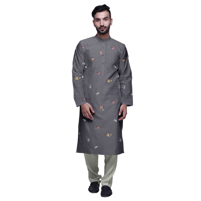 Atasi Button Placket Satin Slub Printed Mens Kurta With Churidar Kurta