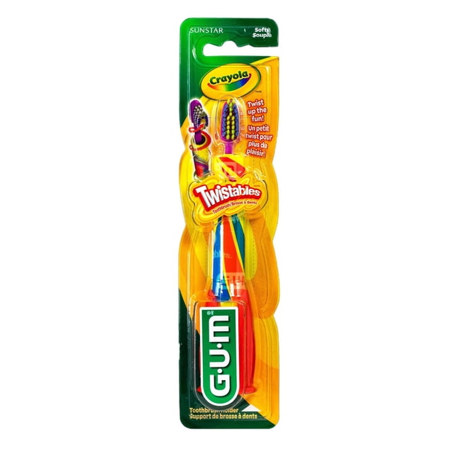 GUM® CRAYOLA™ TWISTABLES® Brosse à Dents pour Enfants, Poils Souples, 3+ dans l'Emballage Montrant une Brosse à Dents Manuelle Colorée et Torsadable pour Enfants avec des Poils Souples et Multicolores, une Petite Tête et un Manche à Prise Facile, avec une base à Ventouse Verte pour un Rangement Vertical, Idéale pour les Soins Buccaux et l'Enseignement de Bonnes Habitudes de Brossage.