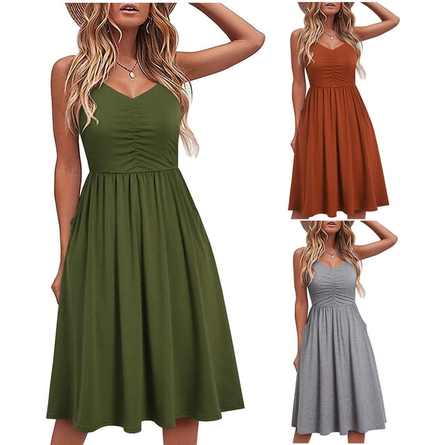 Robe d'Été pour Femmes Robe pour Femmes Été Femmes Mode Été Bord de Mer à Bretelles Sans Manches Col en V Couleur Unie Robe Décontractée