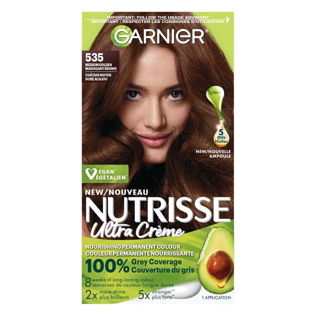 Garnier Nutrisse Teinture Capillaire Permanente Ultra Crème Teinte 535 Brun Acajou Doré Moyen, Offrant une Couverture 100 % des Cheveux Gris et une Couleur Longue Tenue avec un Mélange Nourrissant d'Huiles de Fruits, Dont l'Avocat, pour des Cheveux Éclatants et Brillants.