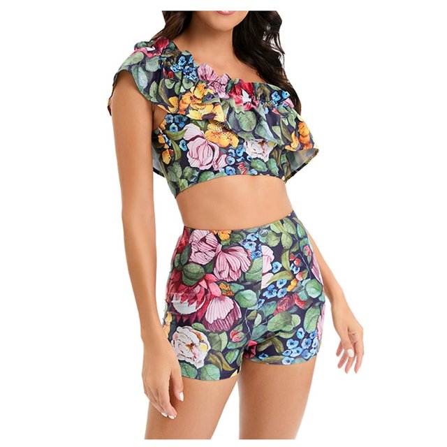 Womens Two Piece Swimsuits Ruffle One Shoulder Bathing Suit Floral Print Swimwear with Boyshorts