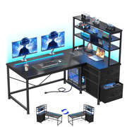 Exenoray L-Shaped Computer Desk with Drawers & Shelves, Corner Desk with LED Lights and Power Outlet, 31.2" W x 47.2" D x 58.7" H, Black