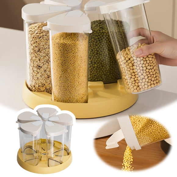 The Yellow Rice Dispenser for 6 Grain Storage Containers Enhances Kitchen Organization and Tissue Container Design with Rotating Convenience and Durable Construction