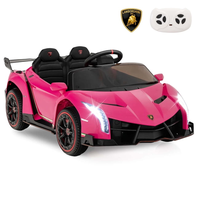 Costway Licensed Lamborghini 4WD Kids Ride-on Sports Car in pink, designed for children aged 3-8 years. This 12V battery-powered ride-on features realistic Lamborghini styling with LED headlights, double hydraulic doors, and a rear spoiler. Includes a 2.4G remote control for parental operation, spring suspension, anti-skid wheels, and rocking mode for entertainment. Equipped with AUX and USB ports for music playback, it is ideal for outdoor play and powered ride-on fun.