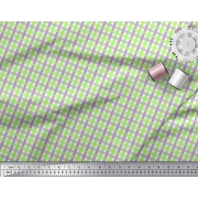 Soimoi Green Poly Georgette Fabric Window Pane Check Printed Fabric 1 Yard 52 Inch Wide