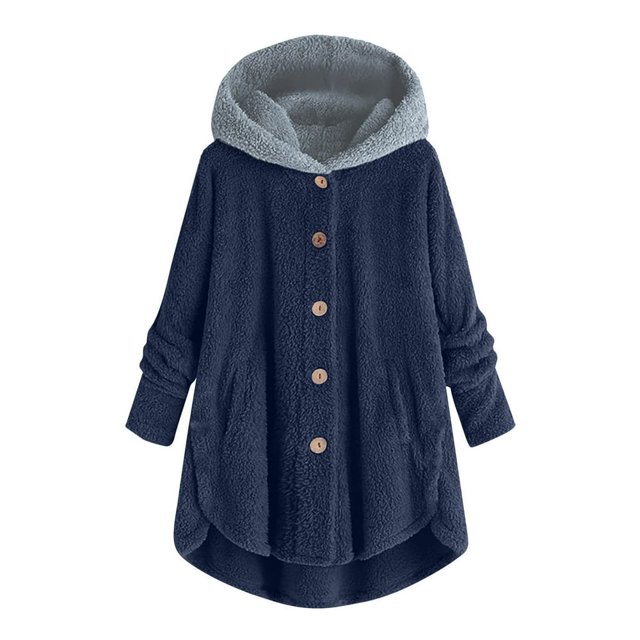 Womens Cardigan Plus Size Button Plush Tops Hooded Loose Cardigan Wool Coat Winter Jacket Navy Xl