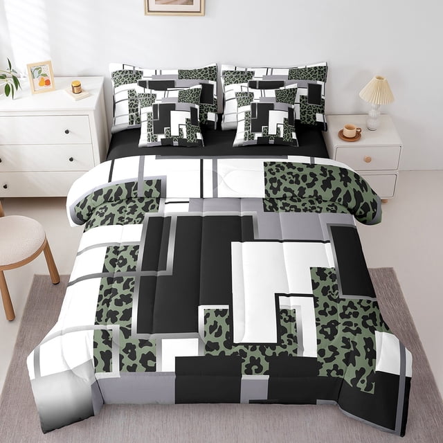 YST Abstract Geometric Bed In A Bag 7 Piece Queen Leopard Print Bedding Set Cheetah Grids Comforter Set With Sheets For Adults Men Women Abstract Wild Animal Buffalo Check Bed Set