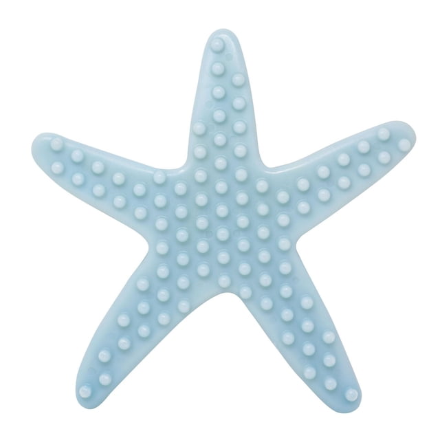 Clean Earth Plush -Starfish Dog Toy - 100% Sustainable in light blue with five arms featuring raised circular nubs, made entirely from recycled PET plastic bottles removed from oceans and landfills, includes a built-in squeaker and floats, part of Spunky Pup's eco-friendly Clean Earth Collection, suitable for interactive dog play.