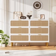 IdealHouse Rattan Dresser with 6 Drawers, Tall Storage Cabinet with Wide Top - Modern Chest of Drawers for Bedroom, Living Room or Hallway, White Finish