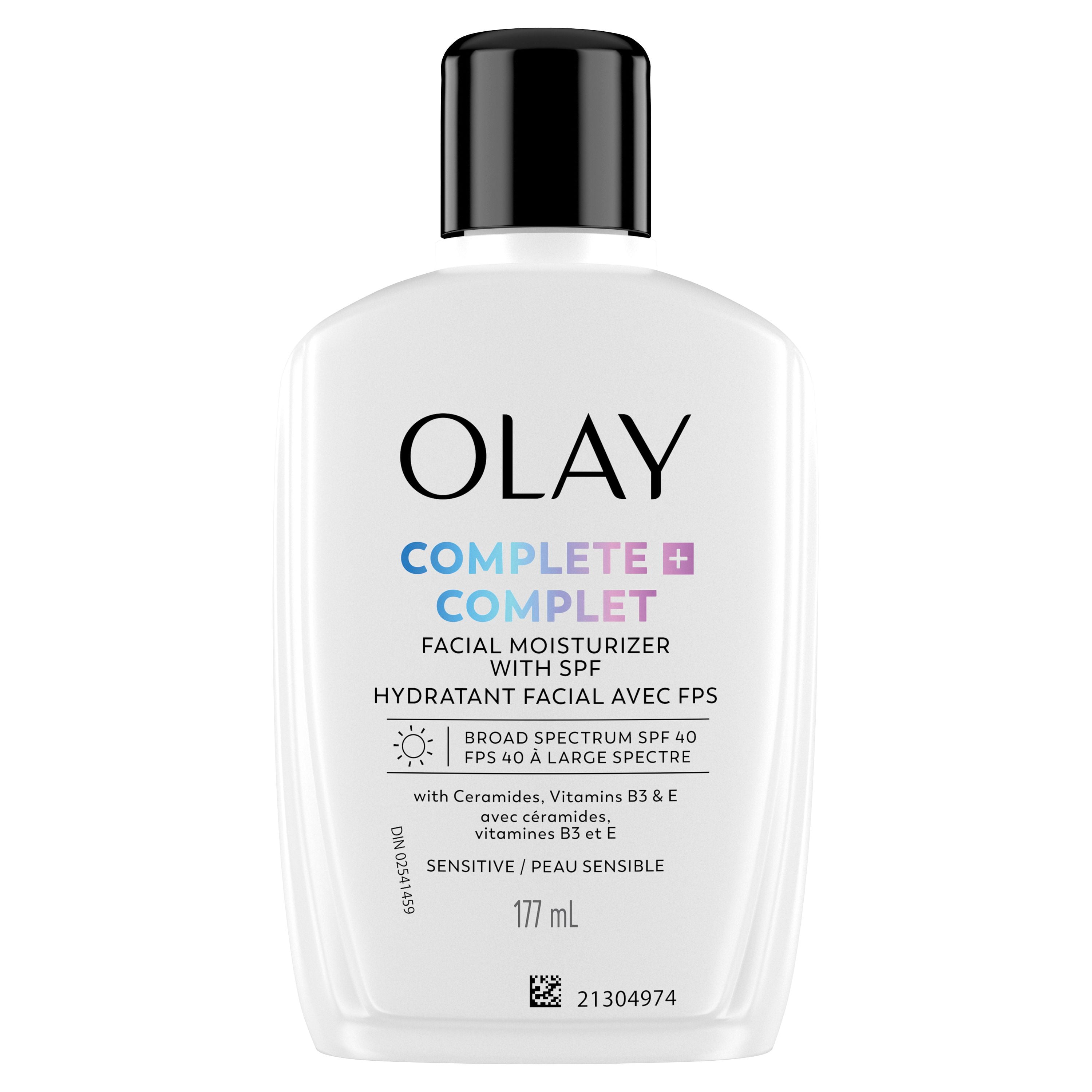 Hydratant Pour Le Visage Olay Complet+ avec Fps 40, Sans Parfum Pour La Peau Sensible, Protection Solaire À Large Spectre – Sans Traces Blanche, Nourrit La Barrière D’Hydratation – Céramides, 177 mL