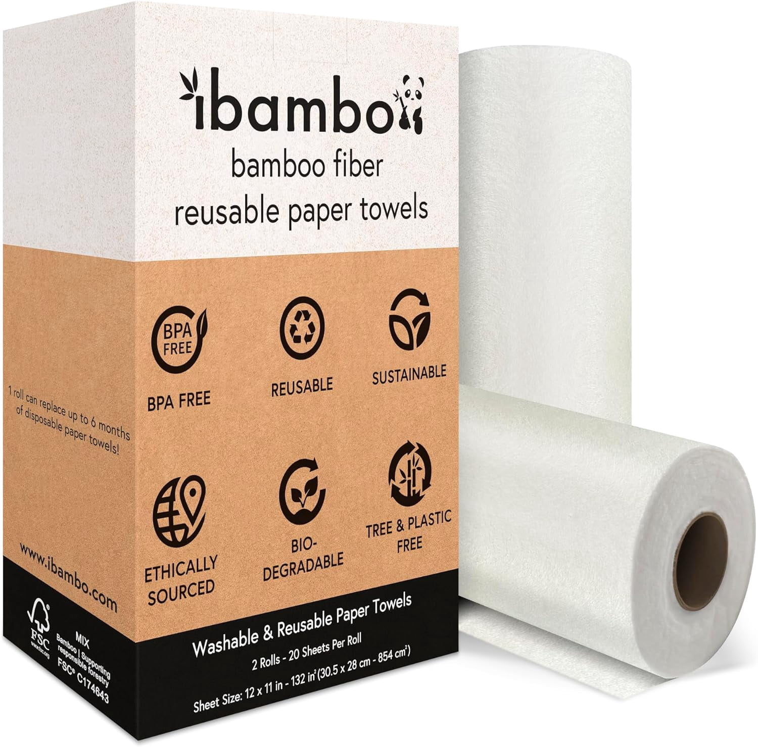 Ibambo 2 Rolls of Bamboo Reusable Paper Towels - Heavy Duty, Absorbent, & Durable | FSC Certified Machine Washable Paper Towels | 100% Rayon Derived From Bamboo | 20 Sheets Per Roll, 12"x11" Sheets