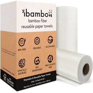 Ibambo 2 Rolls of Bamboo Reusable Paper Towels - Heavy Duty, Absorbent, & Durable | FSC Certified Machine Washable Paper Towels | 100% Rayon Derived From Bamboo | 20 Sheets Per Roll, 12"x11" Sheets