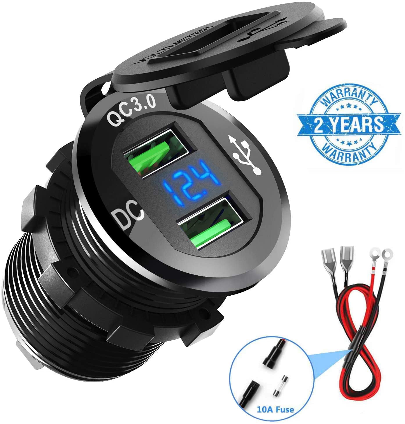 12V / 24V Car USB Car Charger, Dual QC3.0, Quick Charge, Car Charger, Cigarette Lighter Adapter with LED Digital Indicator for Motorcycle, Caravan, Truck, etc.