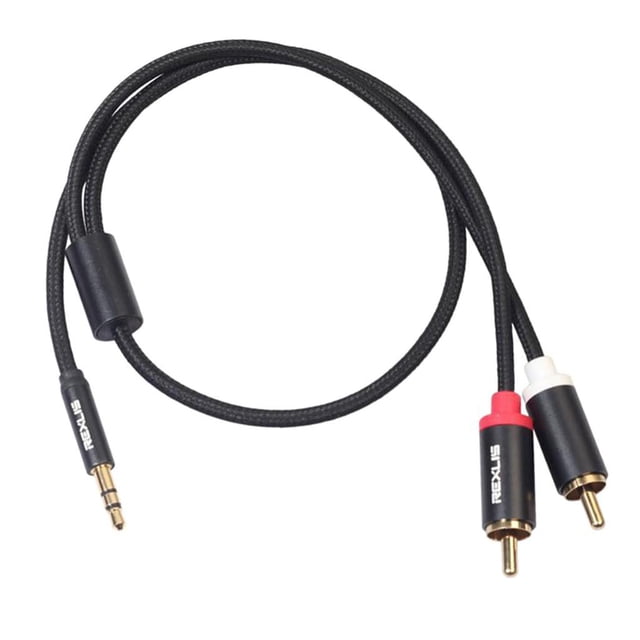 3.5mm to 2 RCA Audio AUX Cable Cord for Mobile Phone Laptop MP3, designed with a durable black braided exterior and gold-plated connectors. This splitter cable features a 3.5mm male jack on one end and two RCA male plugs, one red and one white, on the other. Suitable for connecting mobile phones, laptops, MP3 players, and pads to home audio systems, subwoofers, or speakers. Approximate length is 50cm (1.64ft).