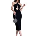 thumbnail image 1 of Faithtur Femmes Modifié Cheongsam Longue Robe Couleur Unie Floral Décoration Licou Cou Épaule Coupe Robe, 1 of 5