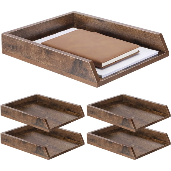 DoubleFill 4 Pcs Plateaux en Bois pour Lettres Organisateur de Bureau en Bois Format Lettre Robuste 2 Niveaux Empilables Supporte Plateau à Papier Tiroir de Bureau Organisateur de Fichiers