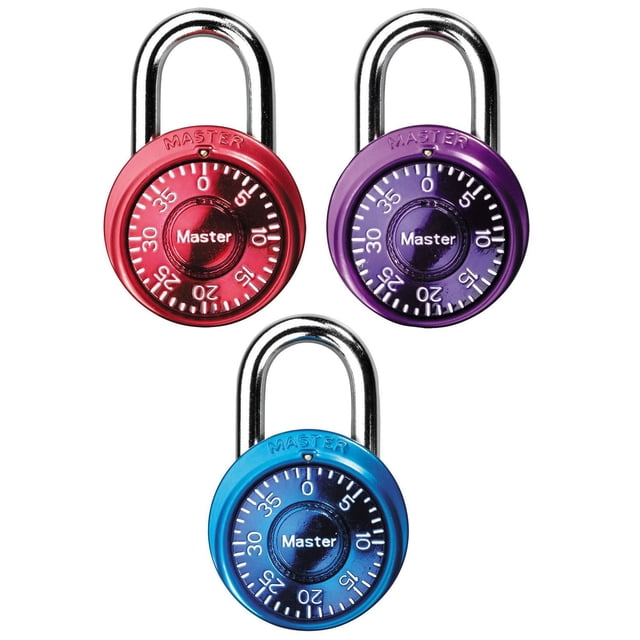 Master Lock Mini Verrous Métalliques à Combinaison #1533TRI Ensemble de Trois avec Corps en Aluminium Anodisé Rouge, Violet et Bleu, Cadrans à Combinaison à 3 Chiffres et Manilles en Acier Trempé, Offrant une Sécurité durable et Sans Clé et une identification Facile des Couleurs du Casier.