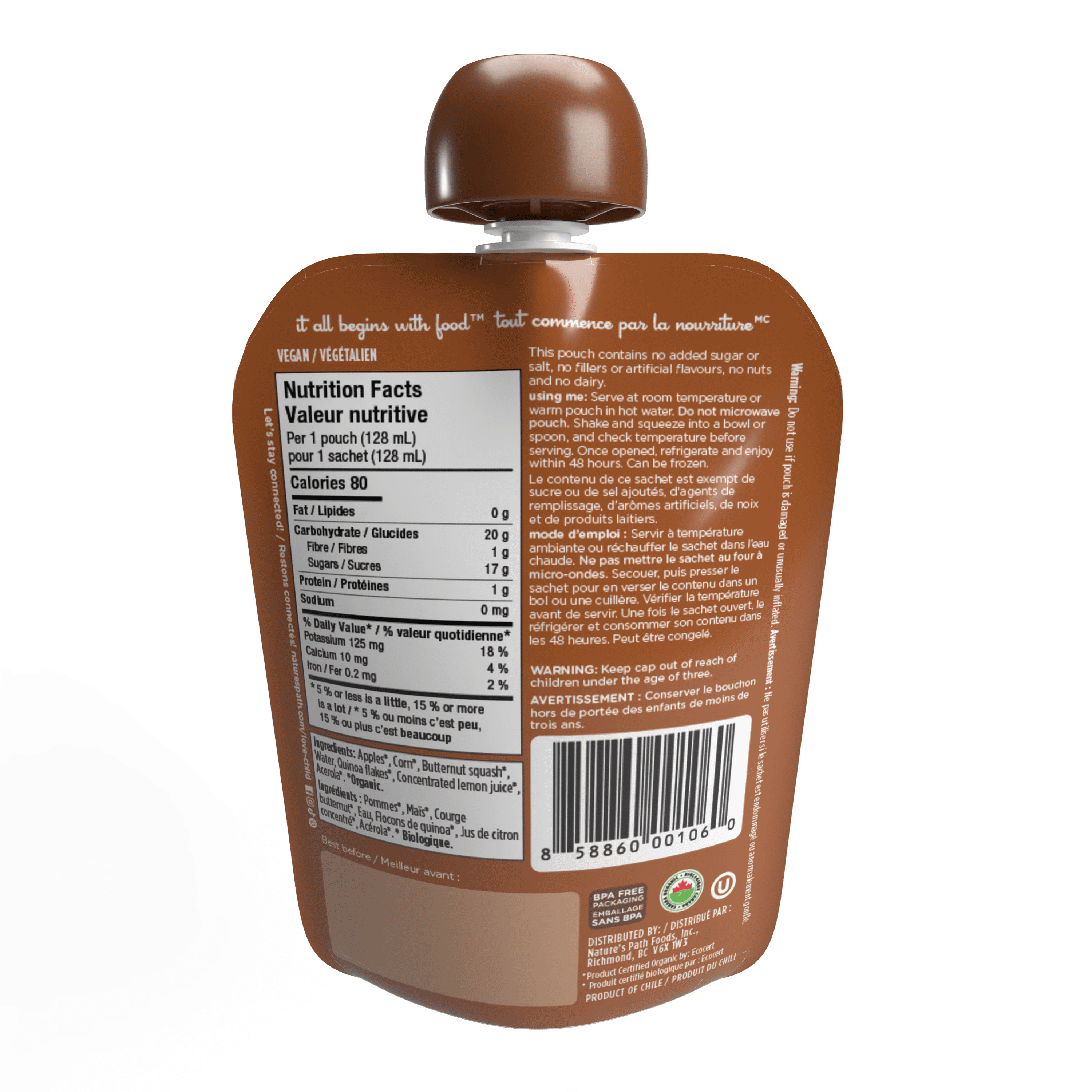 Purée pommes, maïs + courge musquée Superblends Love Child Organics, 128 ml, sachet