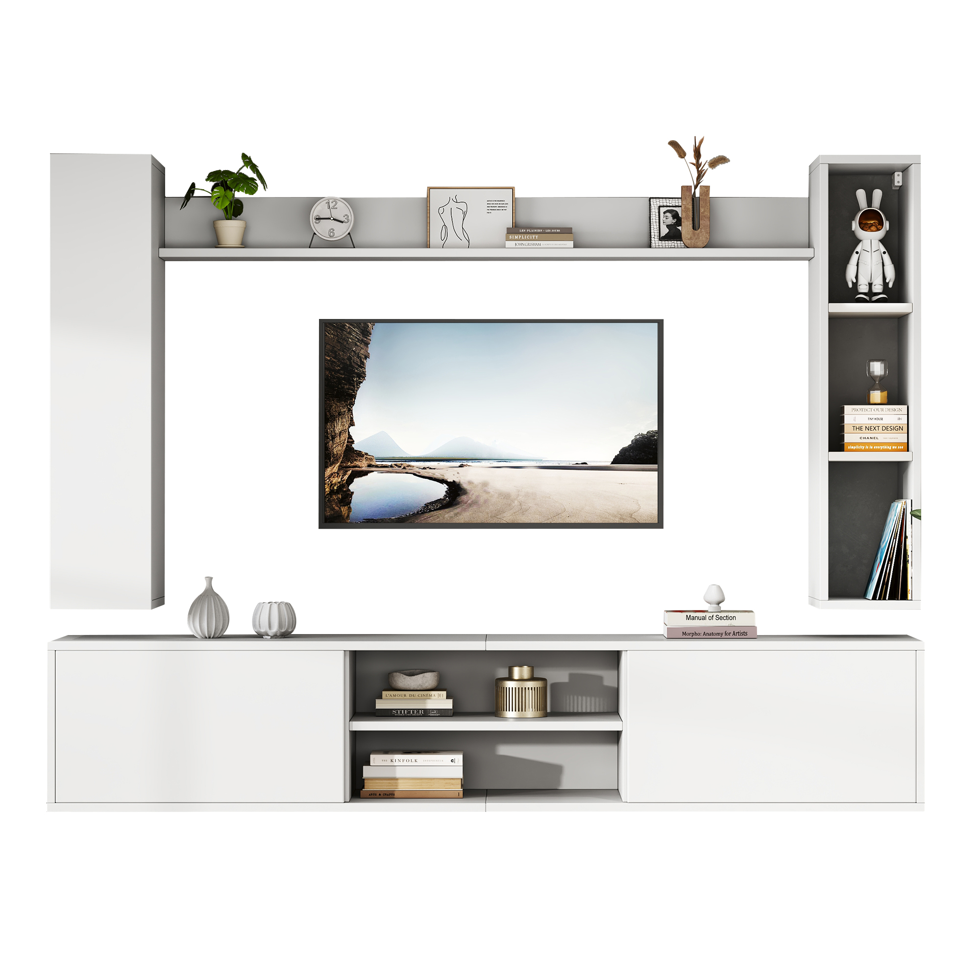 Homy Casa Modular White Entertainment Center with TV Console, 2 Display Cabinets and Wall Shelf