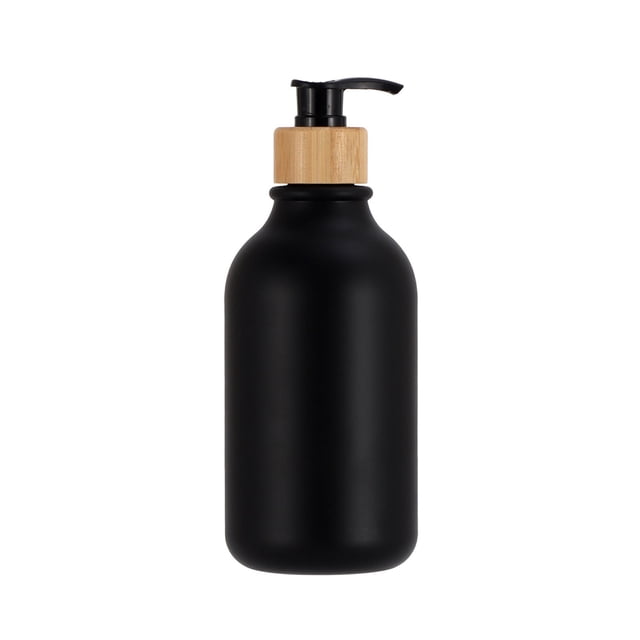 Hand Soap Refill, Soap Dispenser 2 Pack with black plastic bottles featuring a matte finish and natural wood accents on the pump. Each dispenser measures 7.48 inches tall and holds up to 16oz of liquid soap, lotion, or sanitizer. Suitable for bathroom or kitchen countertops, and often used for shampoo or conditioner storage.