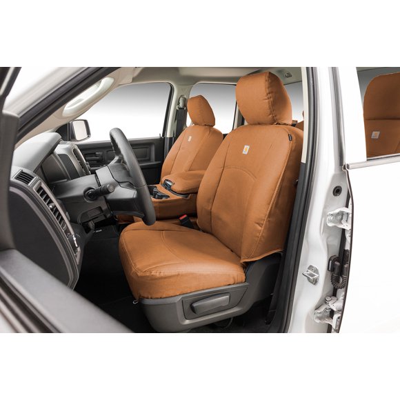 Fits 2021-2021 Ford F-150 Covercraft Seat Cover SSC3494CABN Carhartt SeatSaver; Seat Style C - Bucket With Adjustable Headrests; Duck Weave Fabric; Brown; Set Of 2