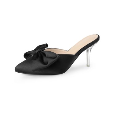 BLISSFUL STEP Mules à Talon Aiguille Transparent à Bout Pointu avec Nœud pour Femmes Noir 8