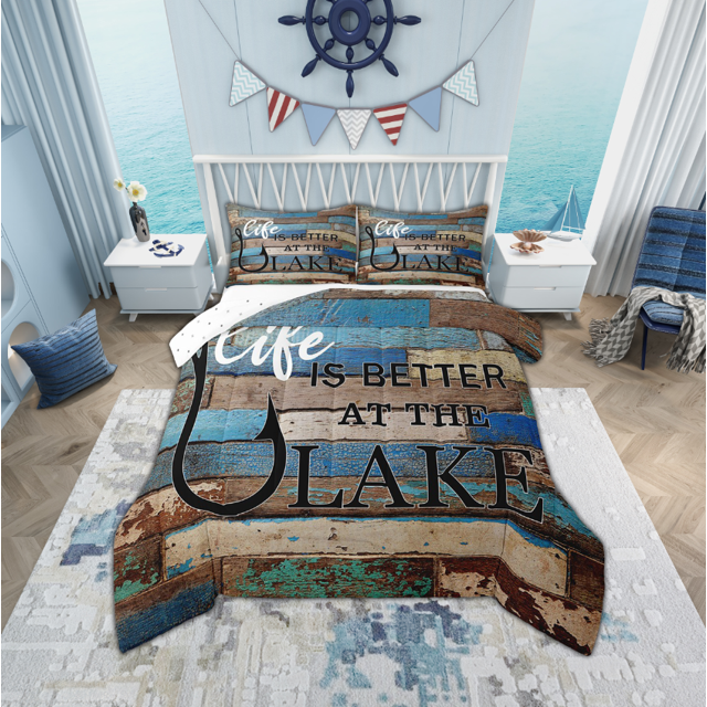 Erosebridal Ensemble de Literie à Imprimé « Life is Better at the Lake » Taille Simple avec Couette, Insert de Couette Style Ferme Campagnarde, Réversible 2 Pcs, Super Douillet