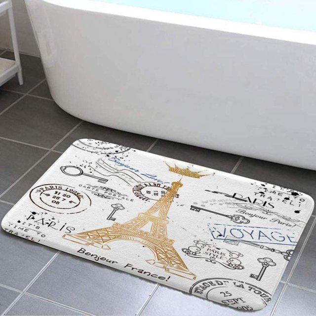 Paris Bath Rug, Eiffel Tower Unisex Non Slip Bath Mats, Golden Lettering European French Crown Retro Stamp Art Bath Rug Sets for Bathroom Bedroom Kitchen Outdoor Indoor,17x29 Inch