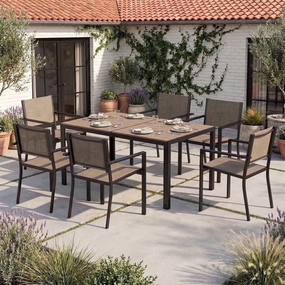 Clouddwell 7-Piece Patio Table and Textilene Chairs Set for 6, Patio Dining Sets With Metal Table, Warm Gray